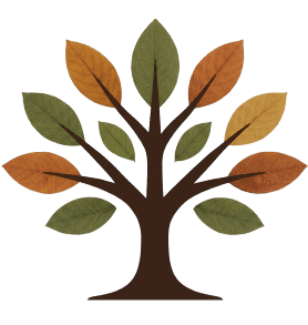 Tree with green and orange leaves.